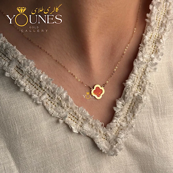 گردنبند میناکاری ونکلیف نارنجی طلا